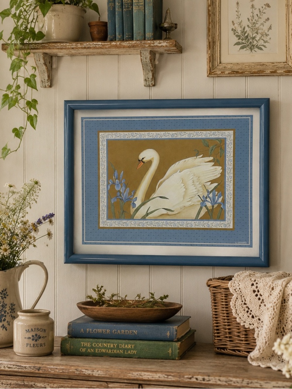 Vintage Framed Swan Wall Art Print Blue Frame Cottagecore Coastal French Country